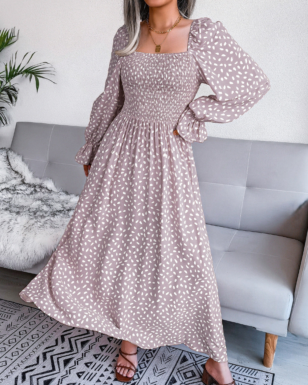 Dresses Pleated Maxi Square Neck Long Sleeve Casual Cotton