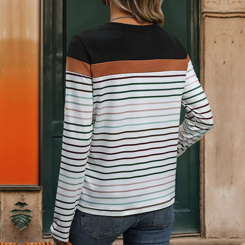 Crew Neck Colored Striped Contrast Long Sleeve T-Shirt