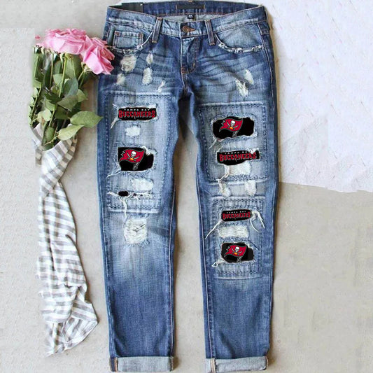 Mid-waist Straight Ripped Printed Women's Jeans