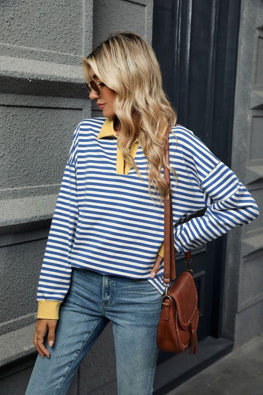 Lapel Loose Long Sleeve Striped Sweater