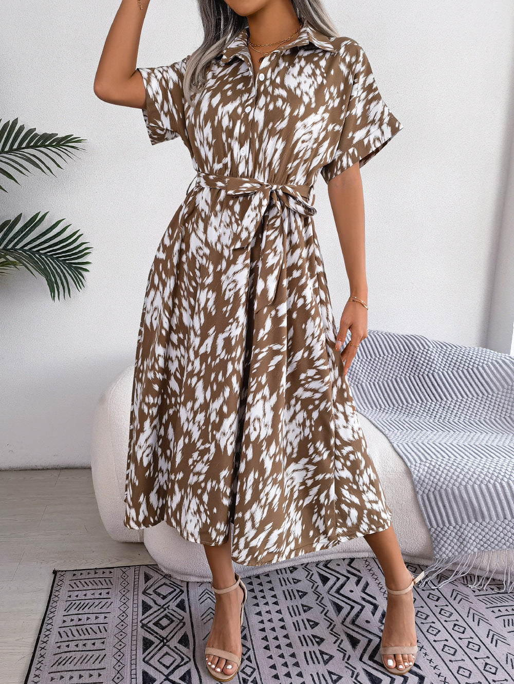 Casual Loose Leopard Print Lace-up Dress V-Neck