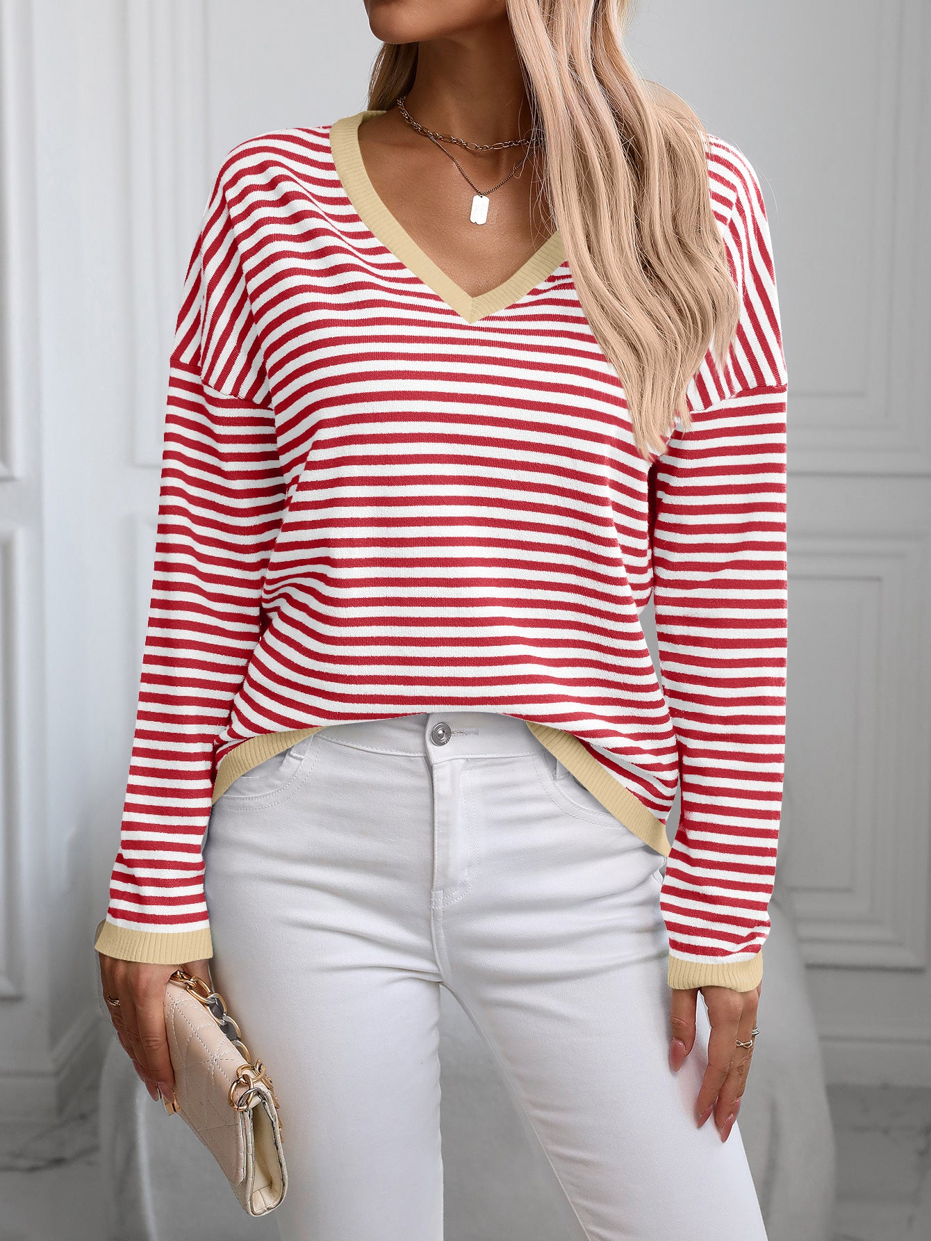 Women's V-Neck Striped Contrast Color Long Sleeve Casual Sweater