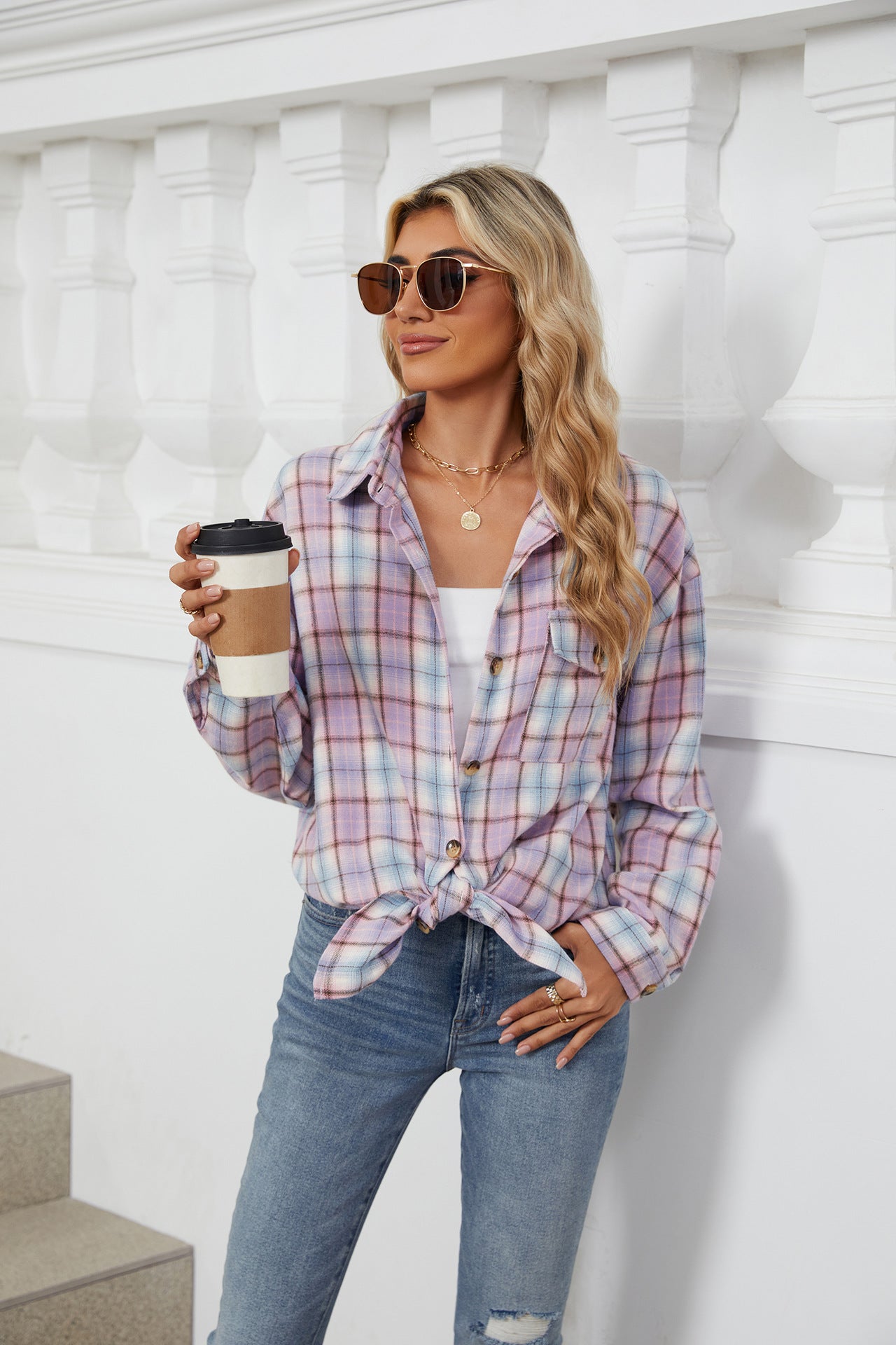 Women's Plaid Shirt Polished Long Sleeve Shirt