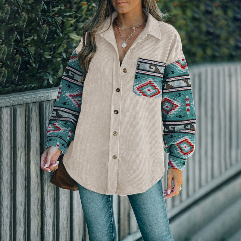 Corduroy Cardigan Ethnic Style Splicing Thin Coat