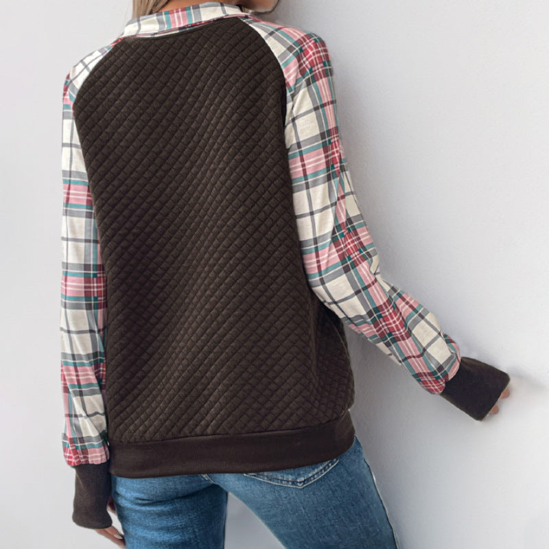 Women's Plaid Retro Splicing Retro Texture Pullover Sweater