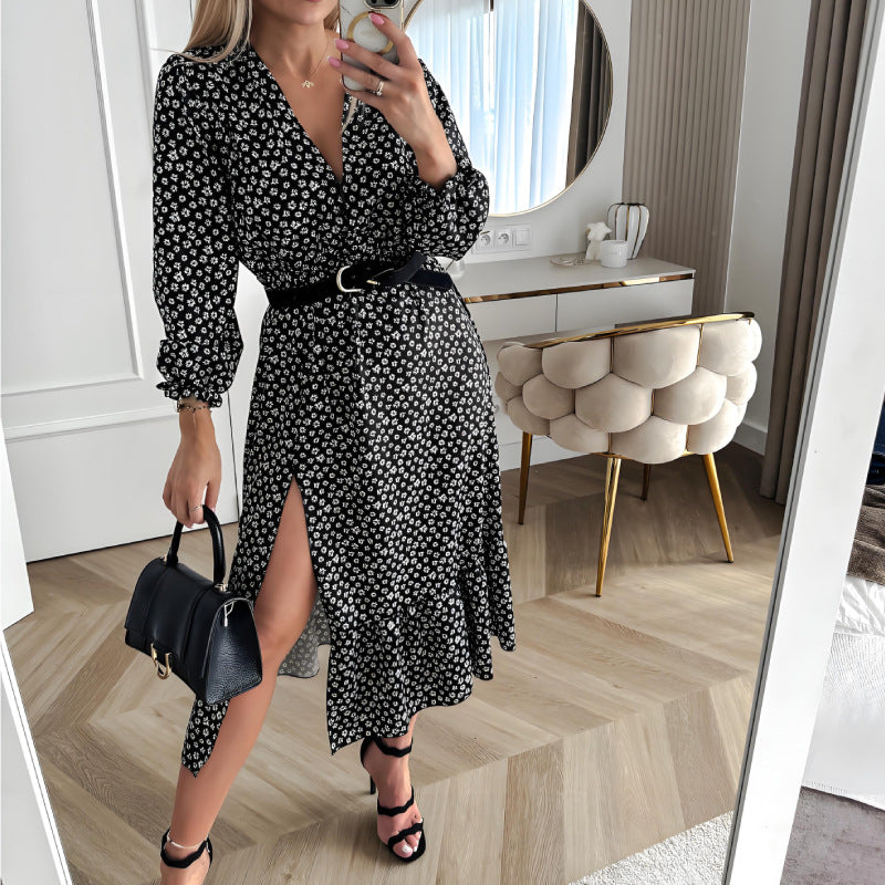 Women's Split Floral Dresses Long Sleeve V-Neck Dresses