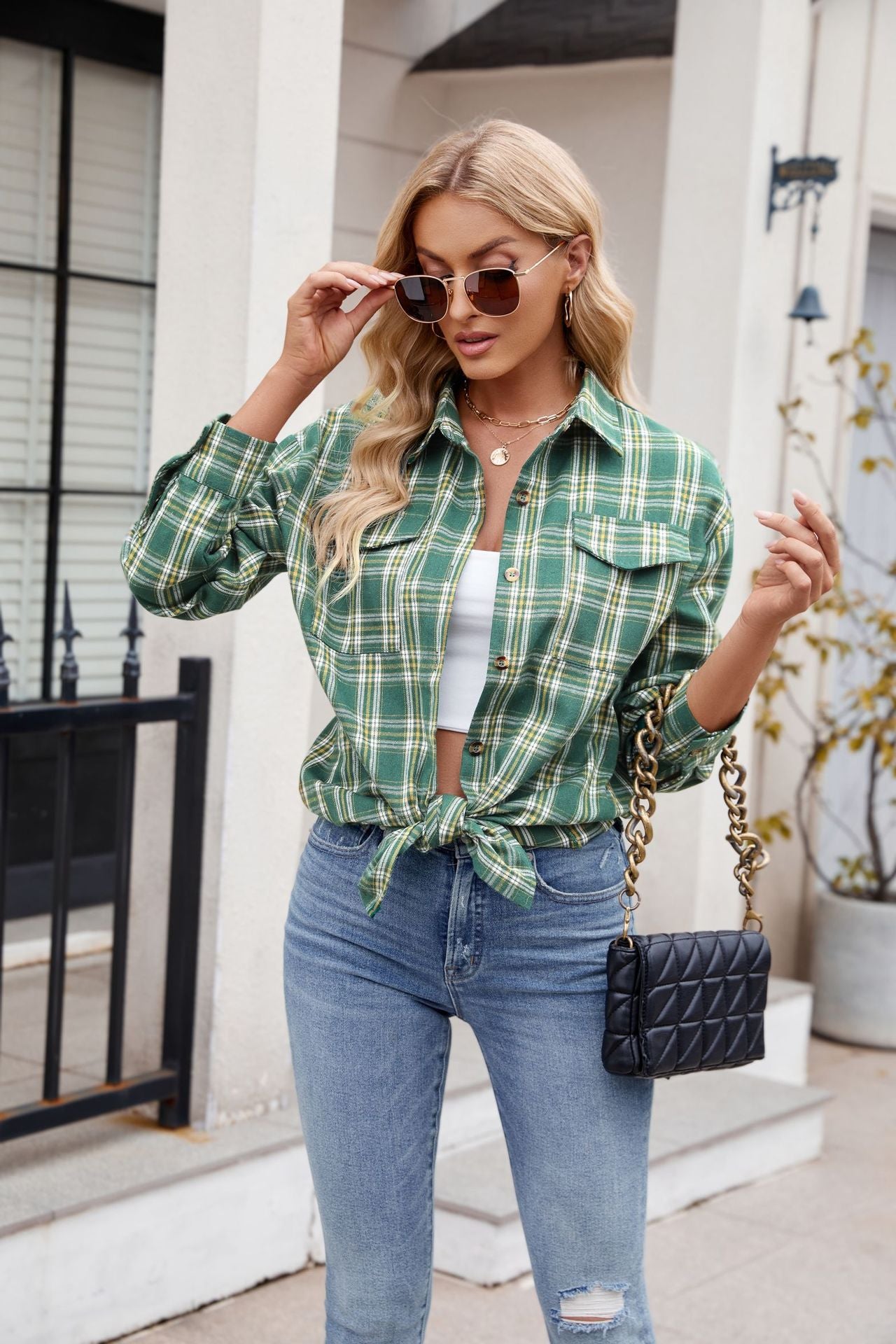 Women's  New Casual Fashion Loose Plaid Pocket Shirt