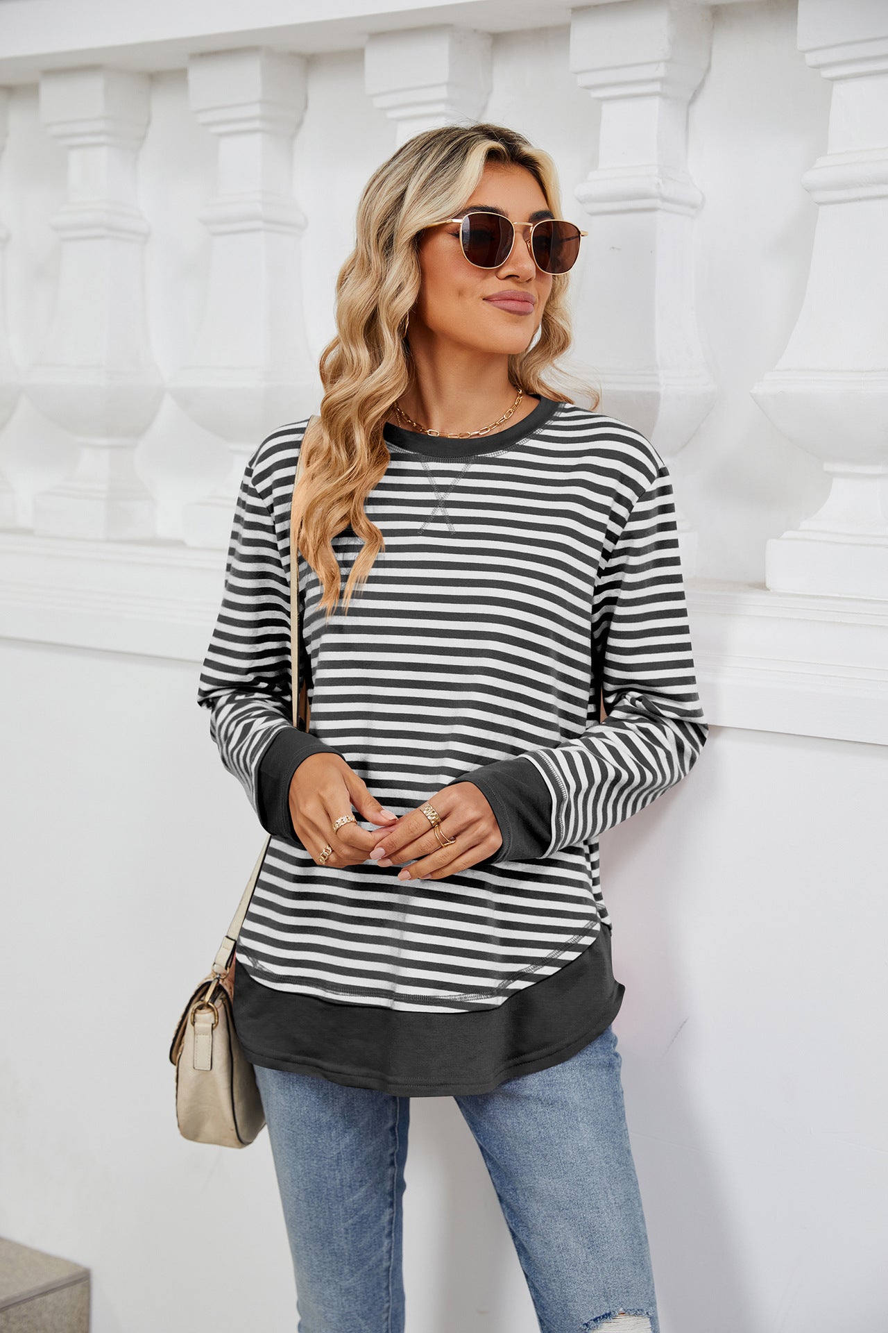 Striped Contrast Color Crew Neck Loose Long Sleeve Sweater