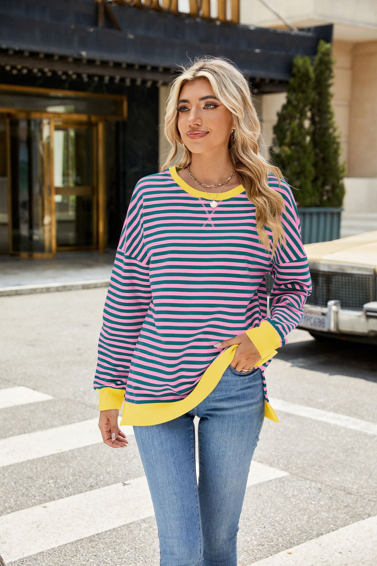 Contrasting Crew Neck Split Long Sleeve Loose Striped Sweater