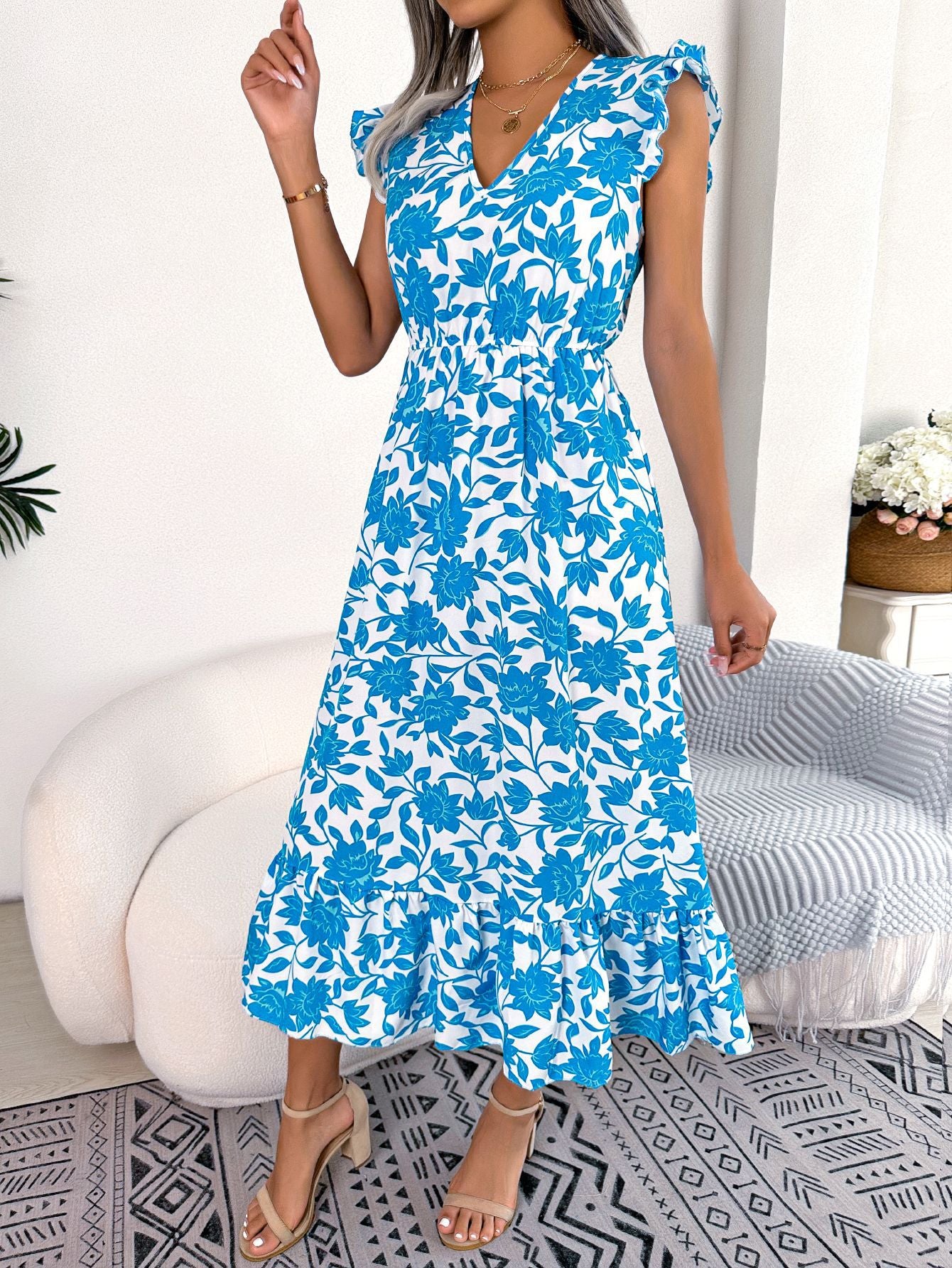 Casual Sleeveless V-Neck Hok Long Dresses Waist Maxi