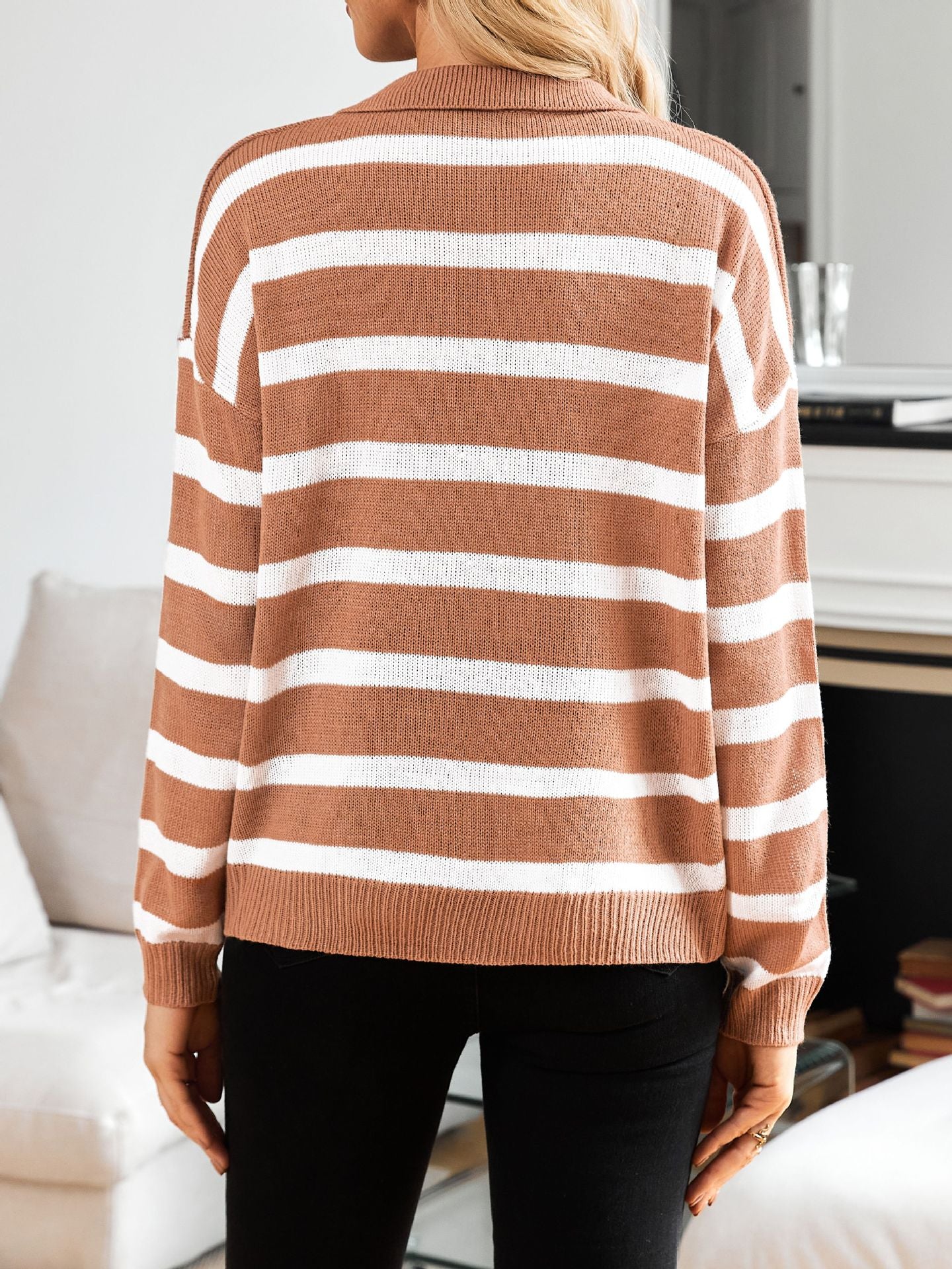 Women's Lapel Striped Contrasting Color Long-sleeved Casual Sweater