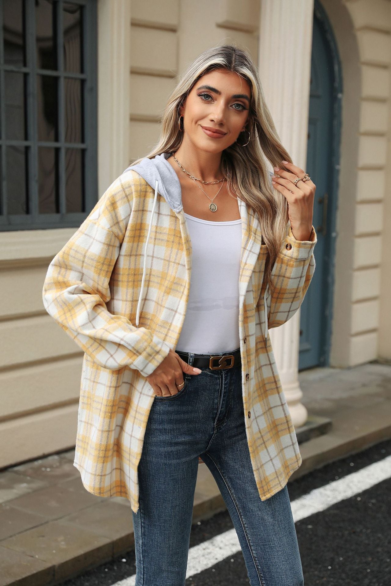 Plaid Contrast Hooded Long Sleeve Loose Wool Jacket