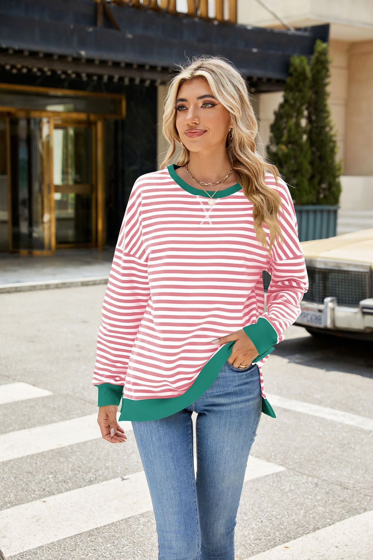 Contrasting Crew Neck Split Long Sleeve Loose Striped Sweater