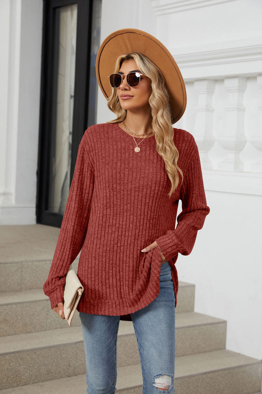 Solid Color Round Neck Long-sleeved Polished Loose T-shirt