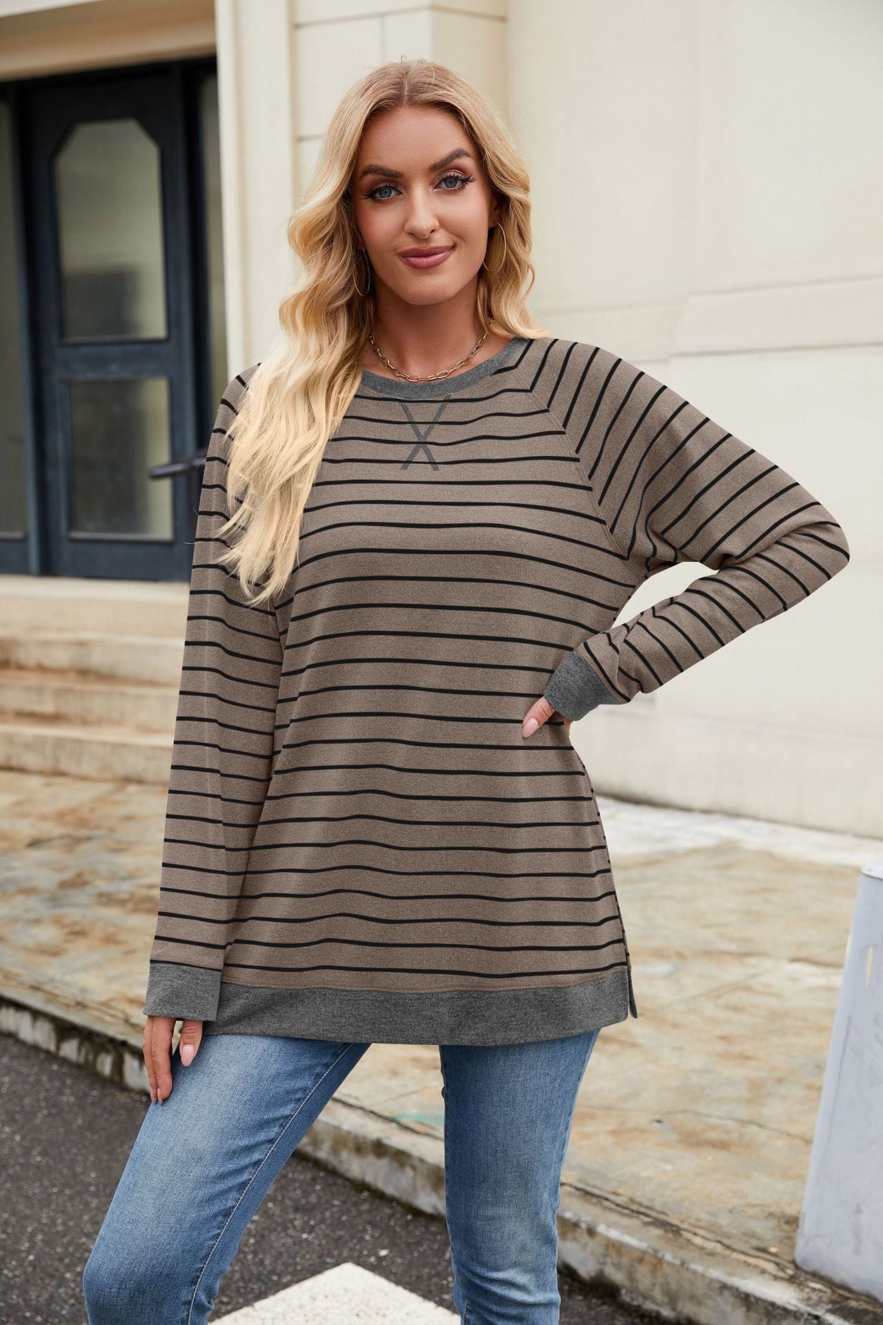 Striped Contrast Color Crew Neck Long Sleeve Loose Casual