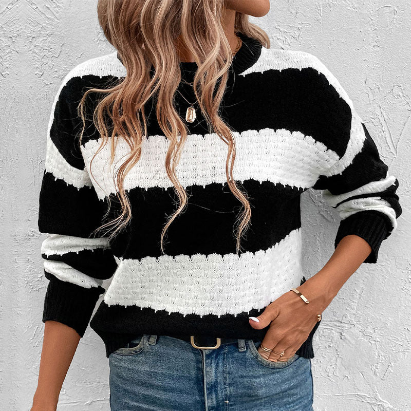 Crew Neck Black And White Striped Knit Pullover