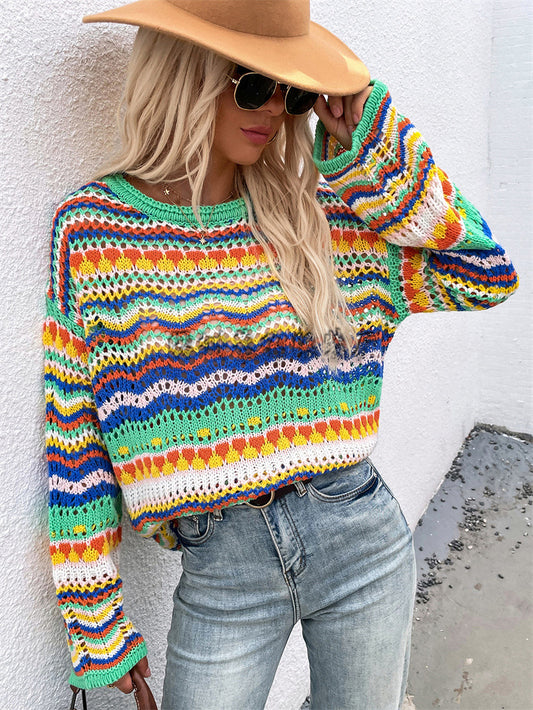 Splicing Knitted Sweater Loose Crew Neck Striped Sweater