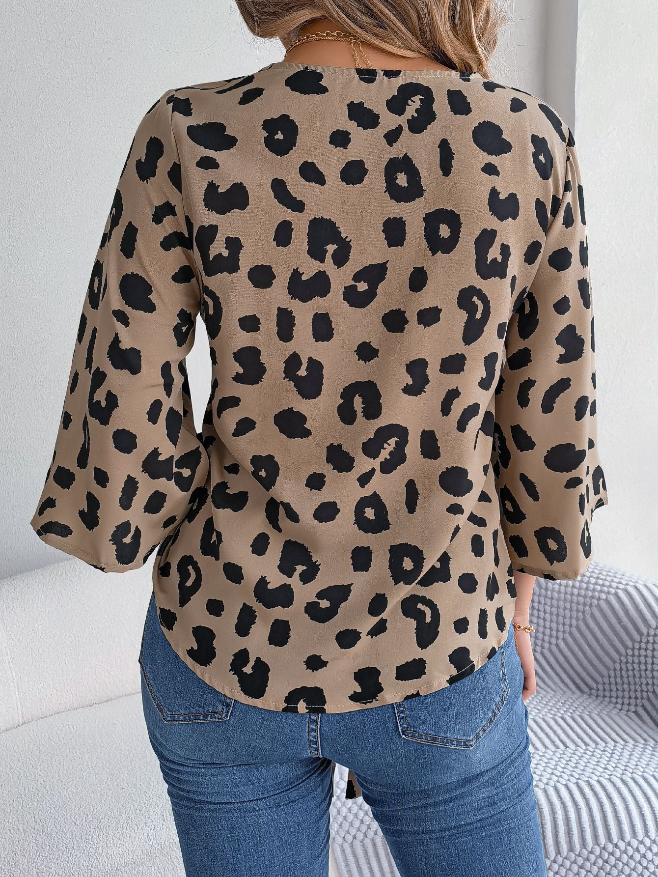 Casual Leopard Print Lace-Up Chiffon Shirt V Neck Tops