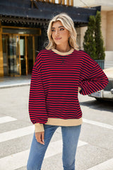 Striped Crew Neck Contrast Color Loose Long Sleeve Sweater