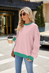 Striped Crew Neck Contrast Color Loose Long Sleeve Sweater