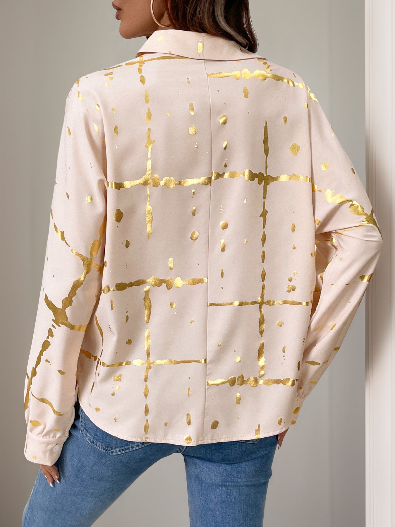 Loose Women's Lapel Bronzing Printed Shirt