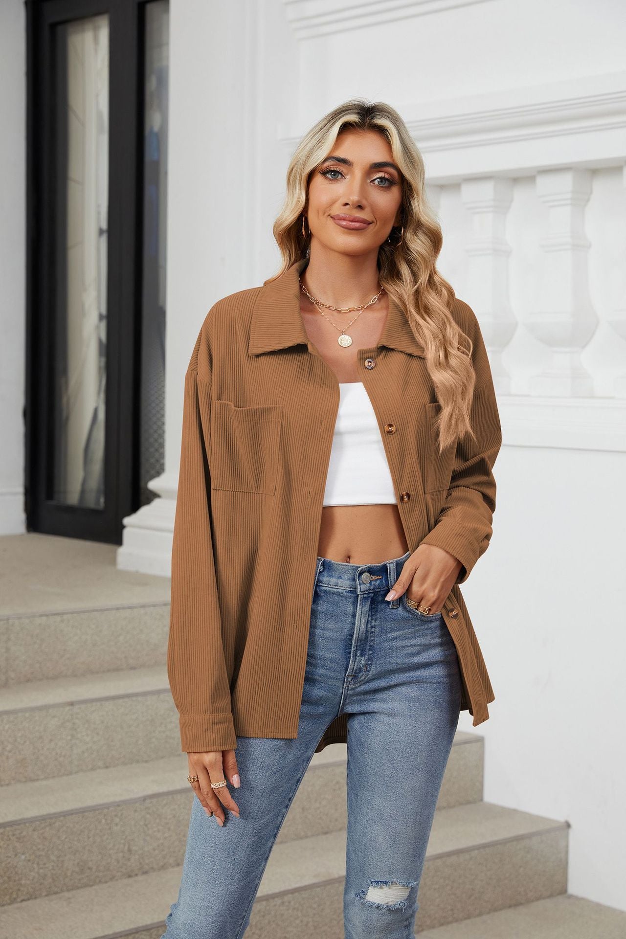 Women's Corduroy Lapel Long Sleeve Jacket