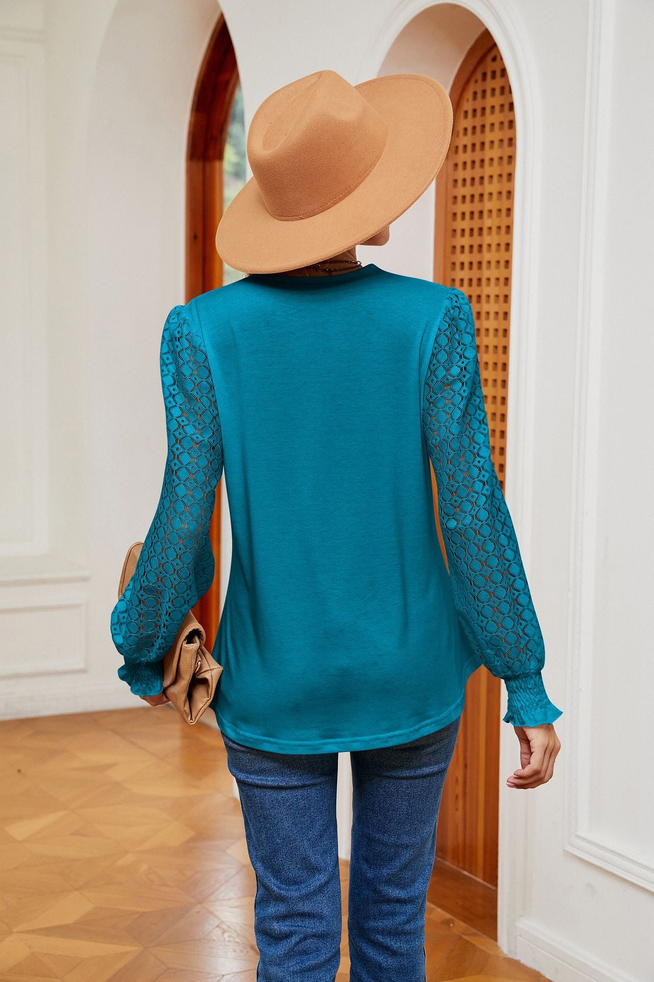 V-Neck Lace Splicing Loose Long Sleeve T-Shirt Top