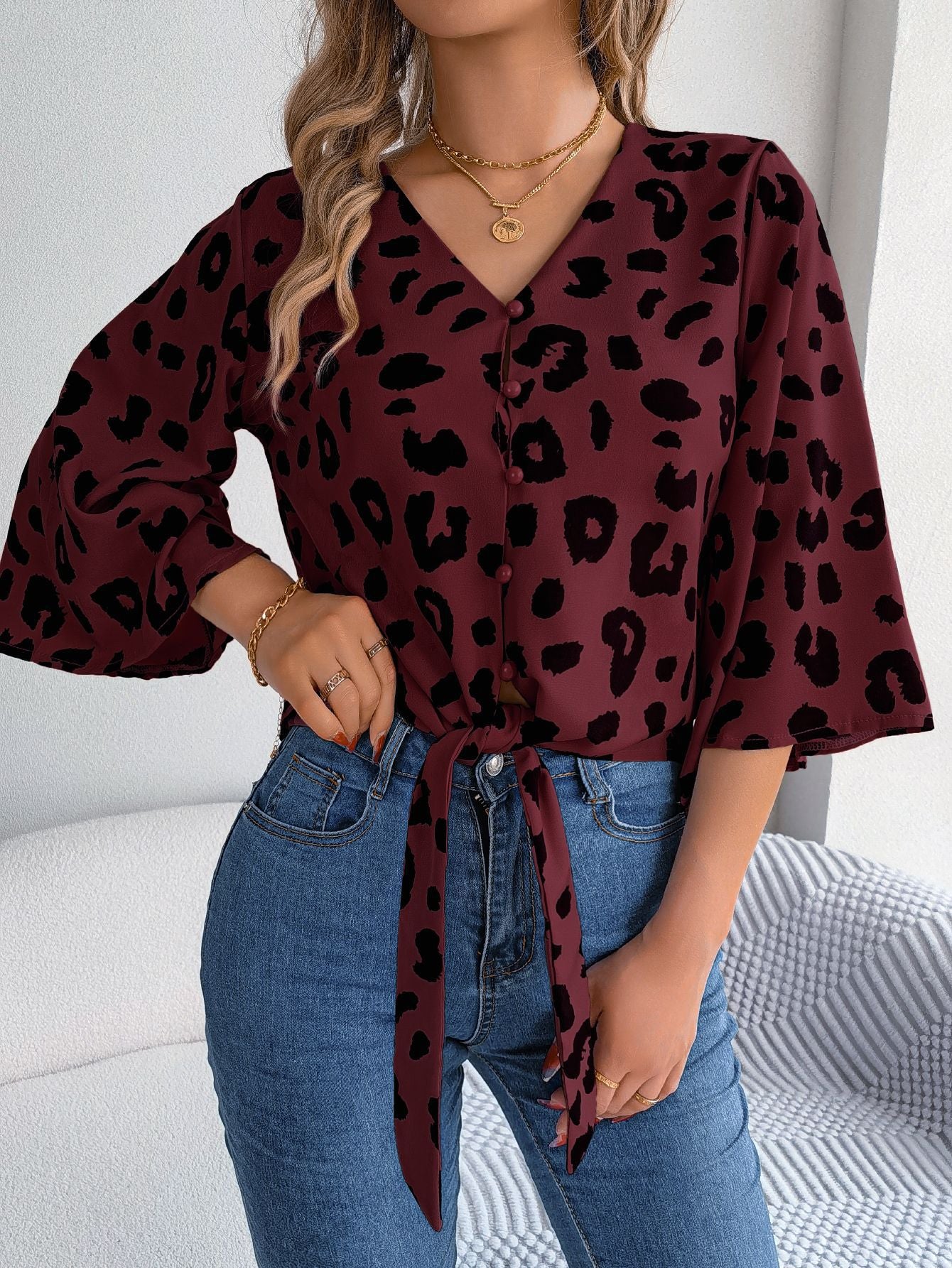 Casual Leopard Print Lace-Up Chiffon Shirt V Neck Tops