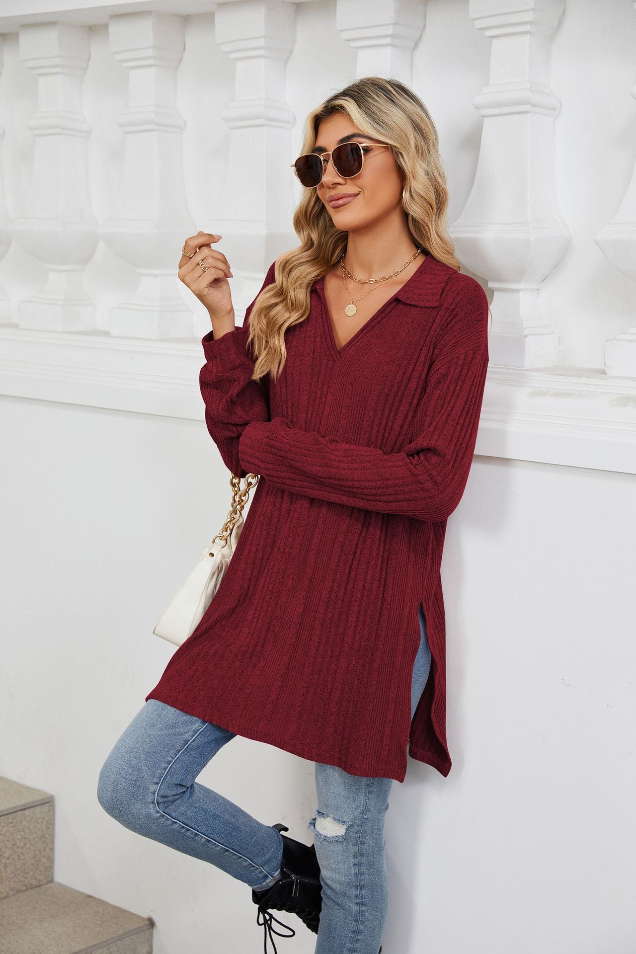 Solid Color V-neck Long-sleeved Loose T-shirt Top