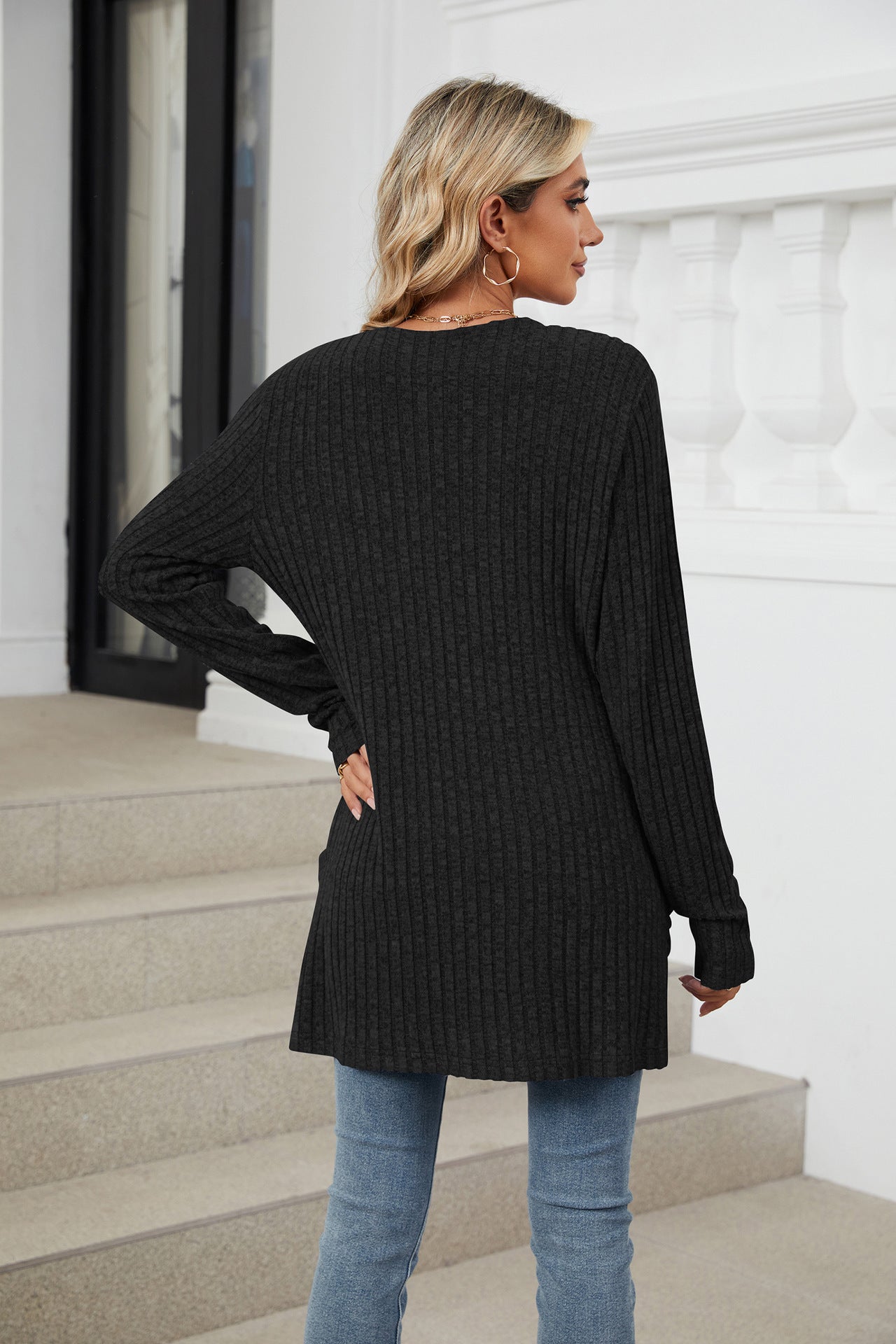 Solid Color Pocket Long-sleeved Bottom Cardigan Knitted Sweater