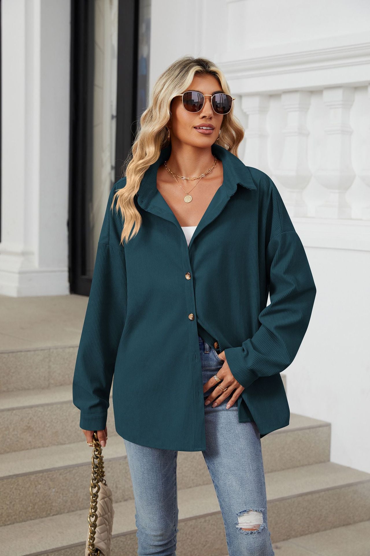 Solid Color Lapel Button-down Long-sleeved Loose Shirt