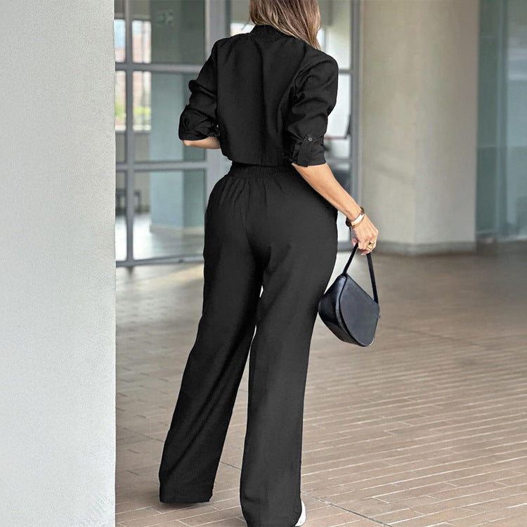 Knit Long Sleeve Button Shirt Wide Pants 2Piece Sets