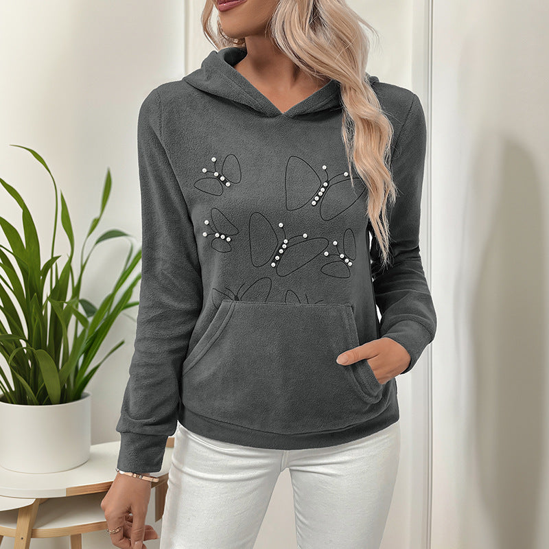 Beaded Hoodie Drawstring Long Sleeve Pullover Sweatshirt