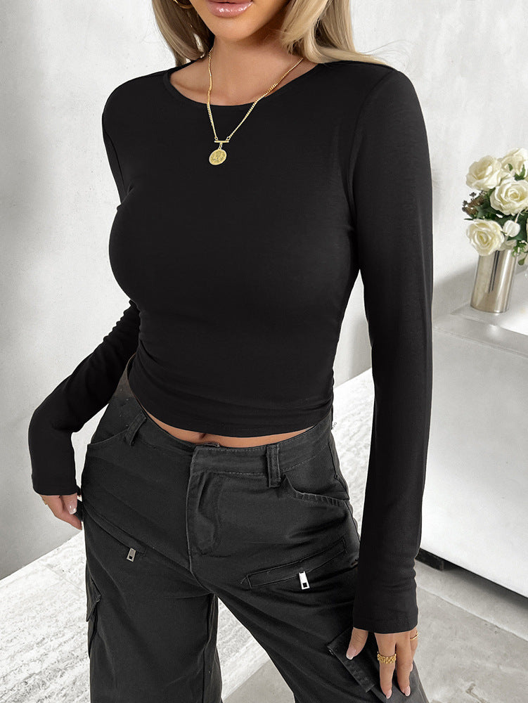 Women's Crew Neck Solid Color Slim-fit Long Sleeve Top