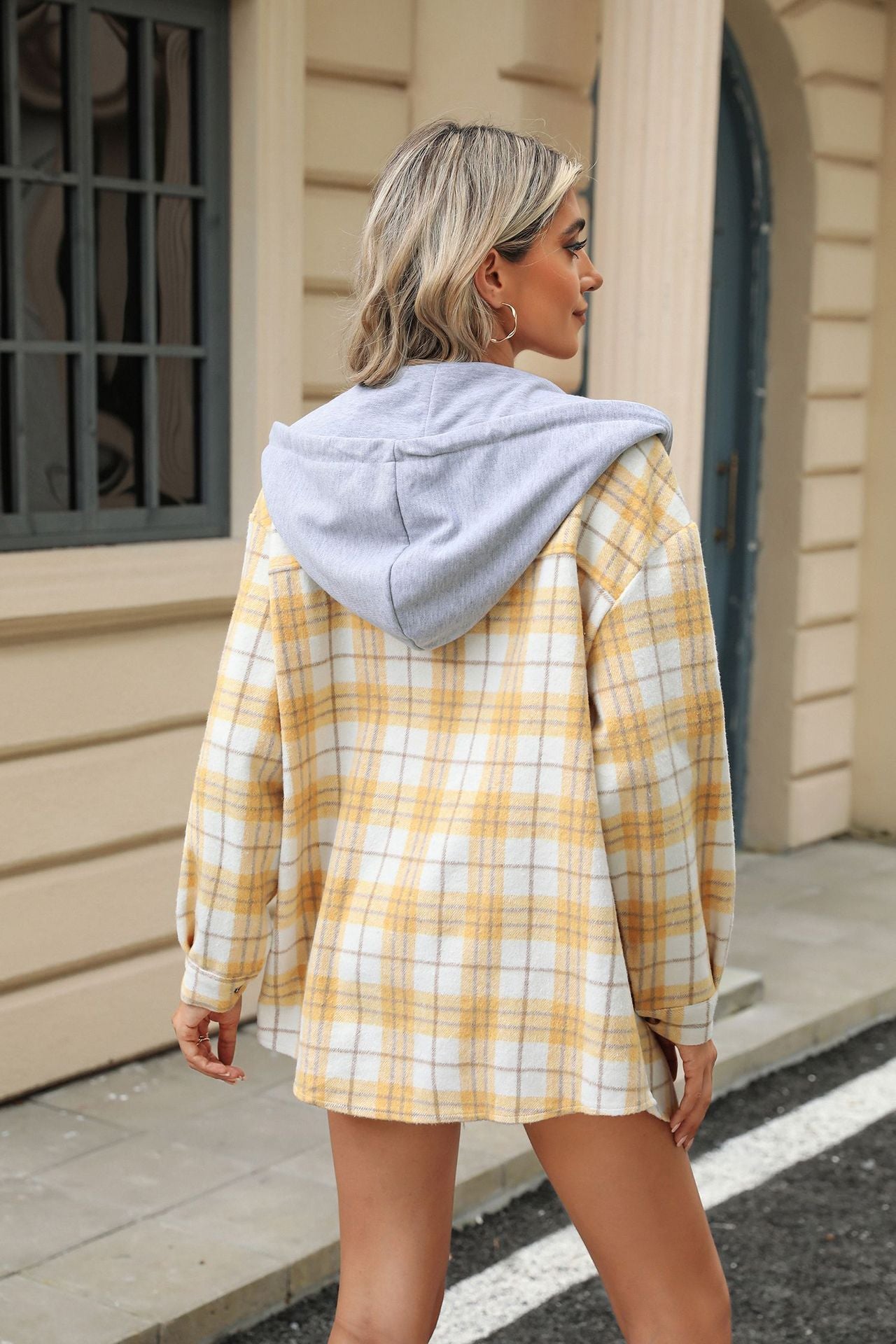 Plaid Contrast Hooded Long Sleeve Loose Wool Jacket