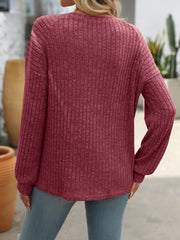 Crew neck polished solid color top long sleeve button