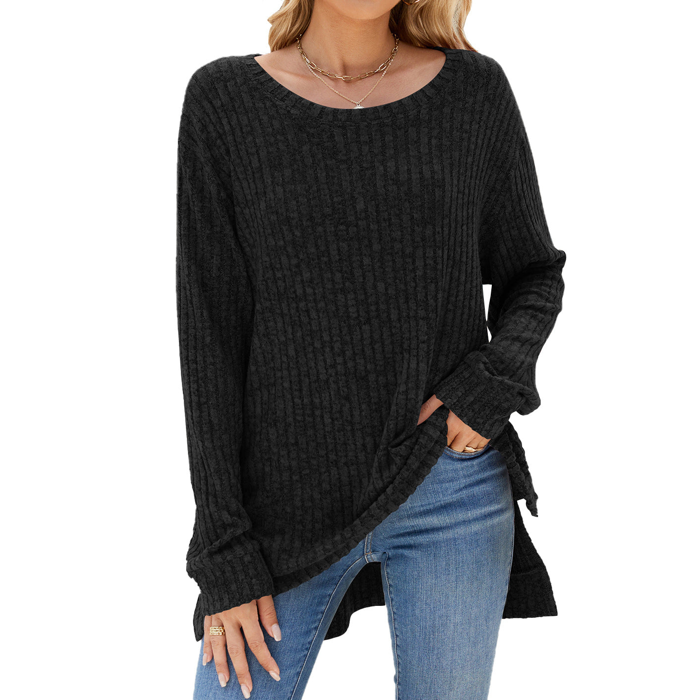 Crew Neck Loose Long-sleeved Split Top