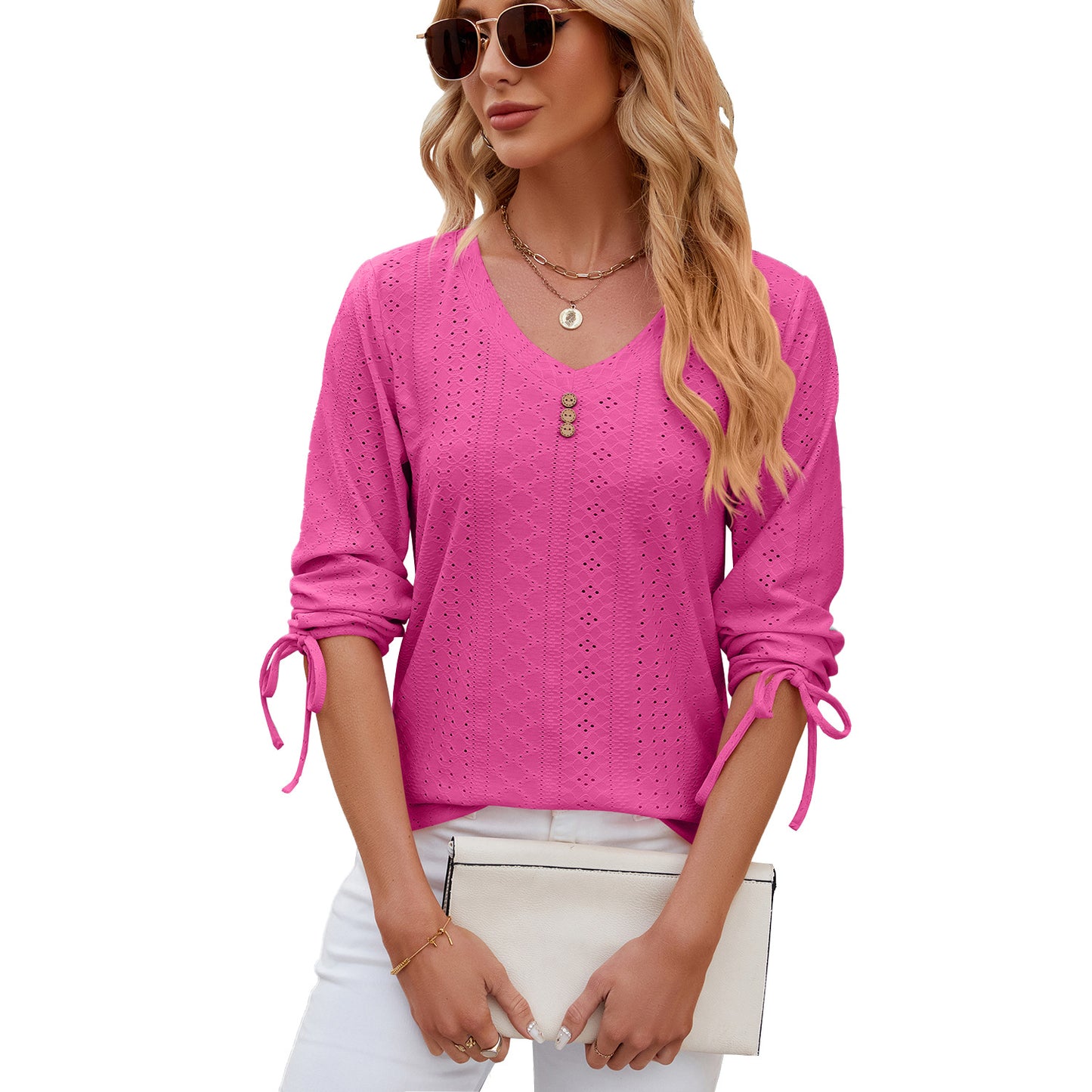 Solid Color Jacquard Button Middle Sleeve T-shirt