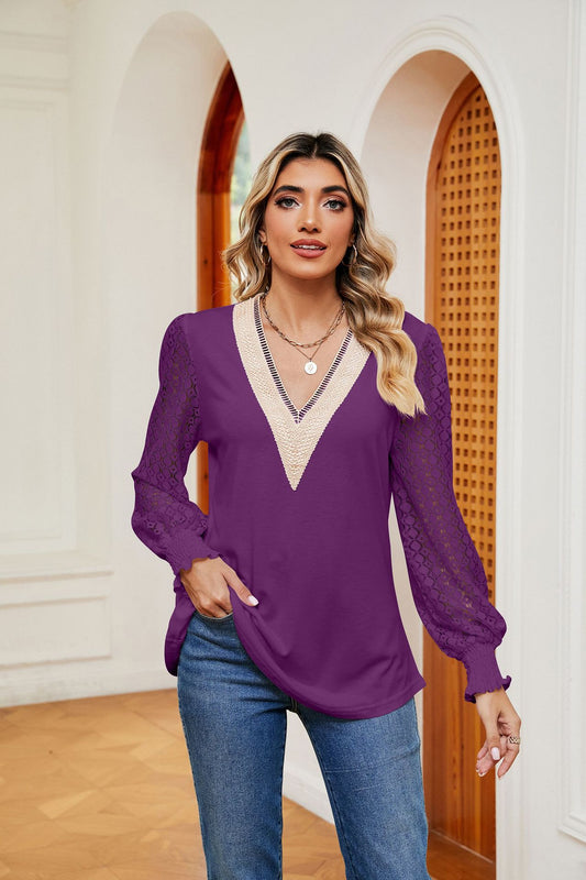 V-Neck Lace Splicing Loose Long Sleeve T-Shirt Top