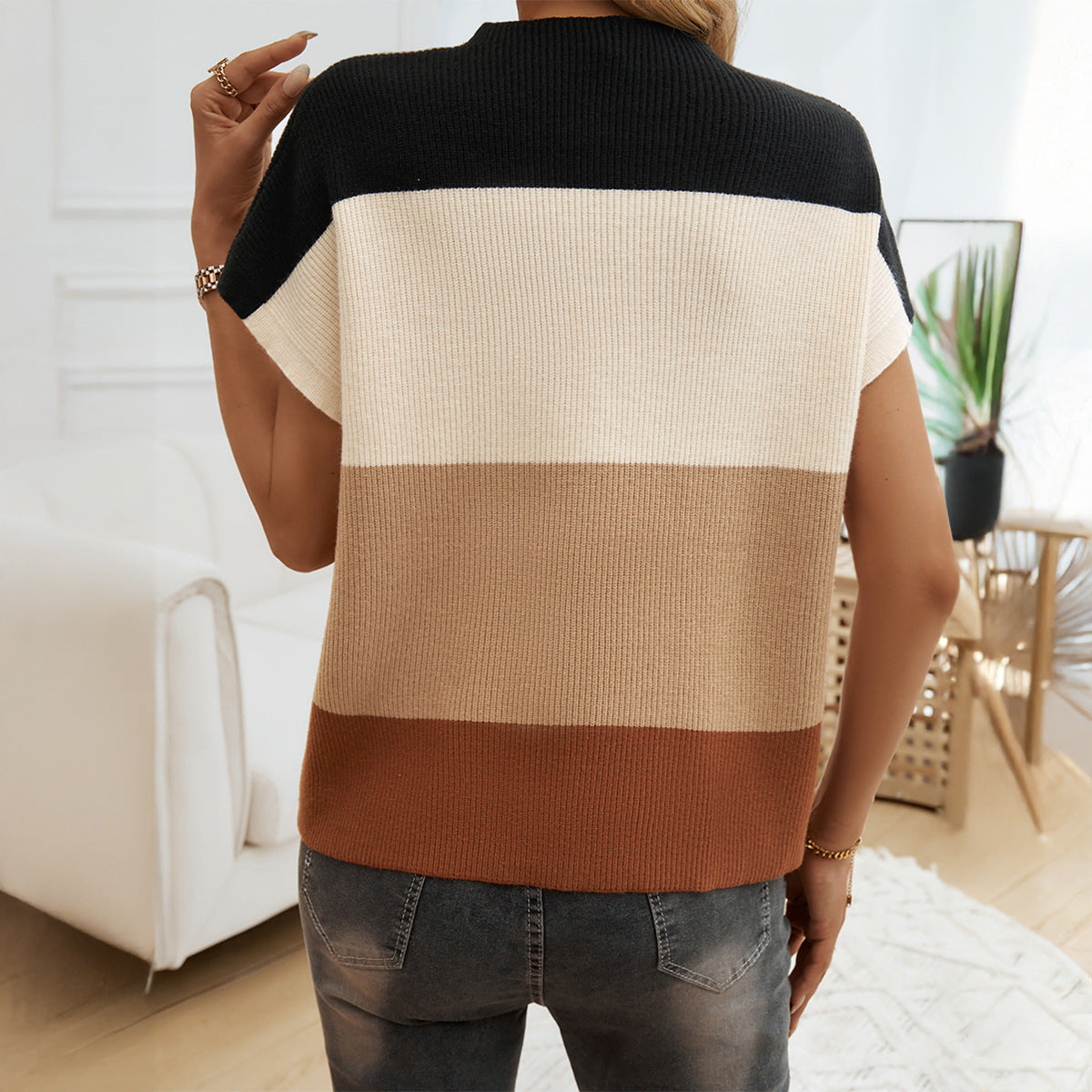 Short-sleeved Sweater Contrast Crew Neck Pullover