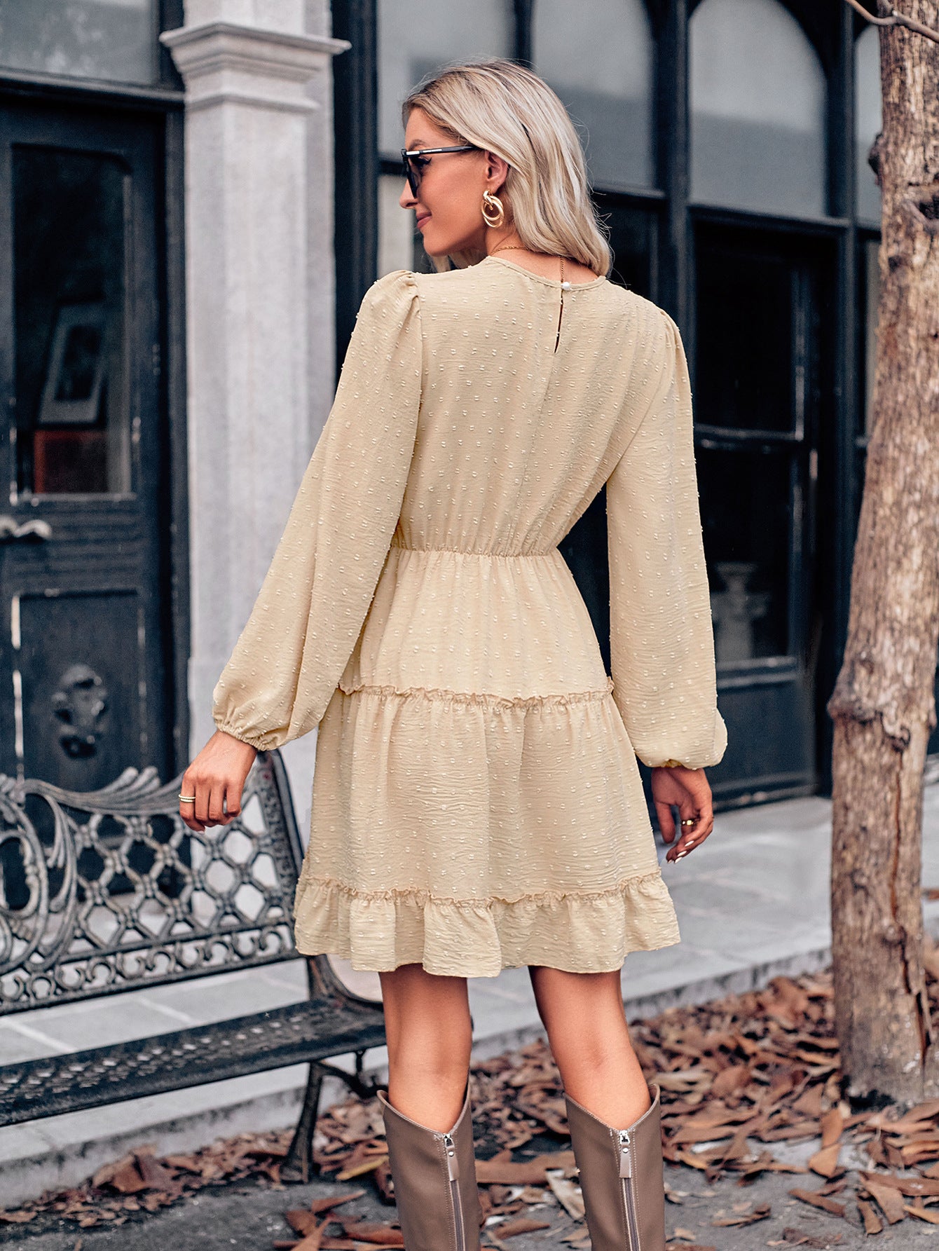 Crew Neck Solid Color Waist Lace Dress