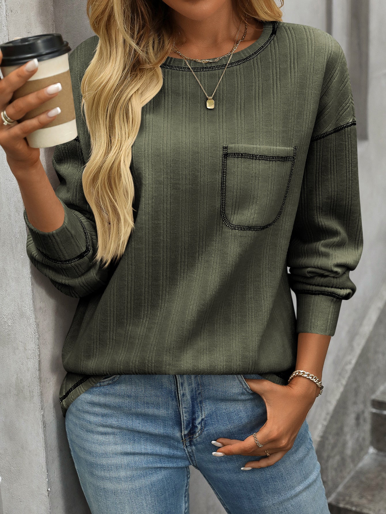 Women's Solid Color Crew Neck Pocket Casual Loose T-Shirt