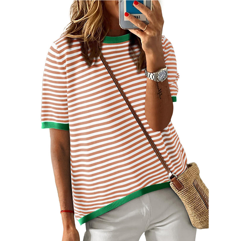 Women's Crew Neck Striped Contrast Short Sleeve Casual Sweater