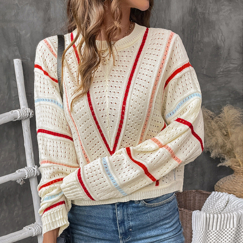 Women's Colored Striped Sweater Crew Neck Pullover