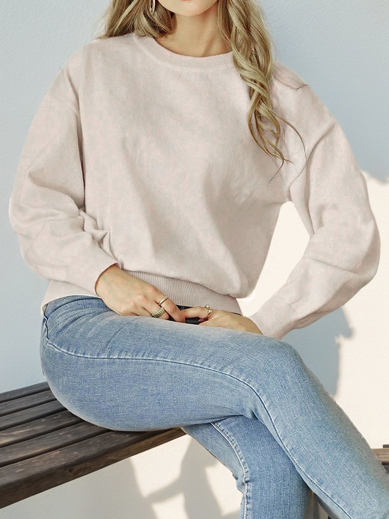 Crew Neck Long Sleeve Solid Color Sweater Women