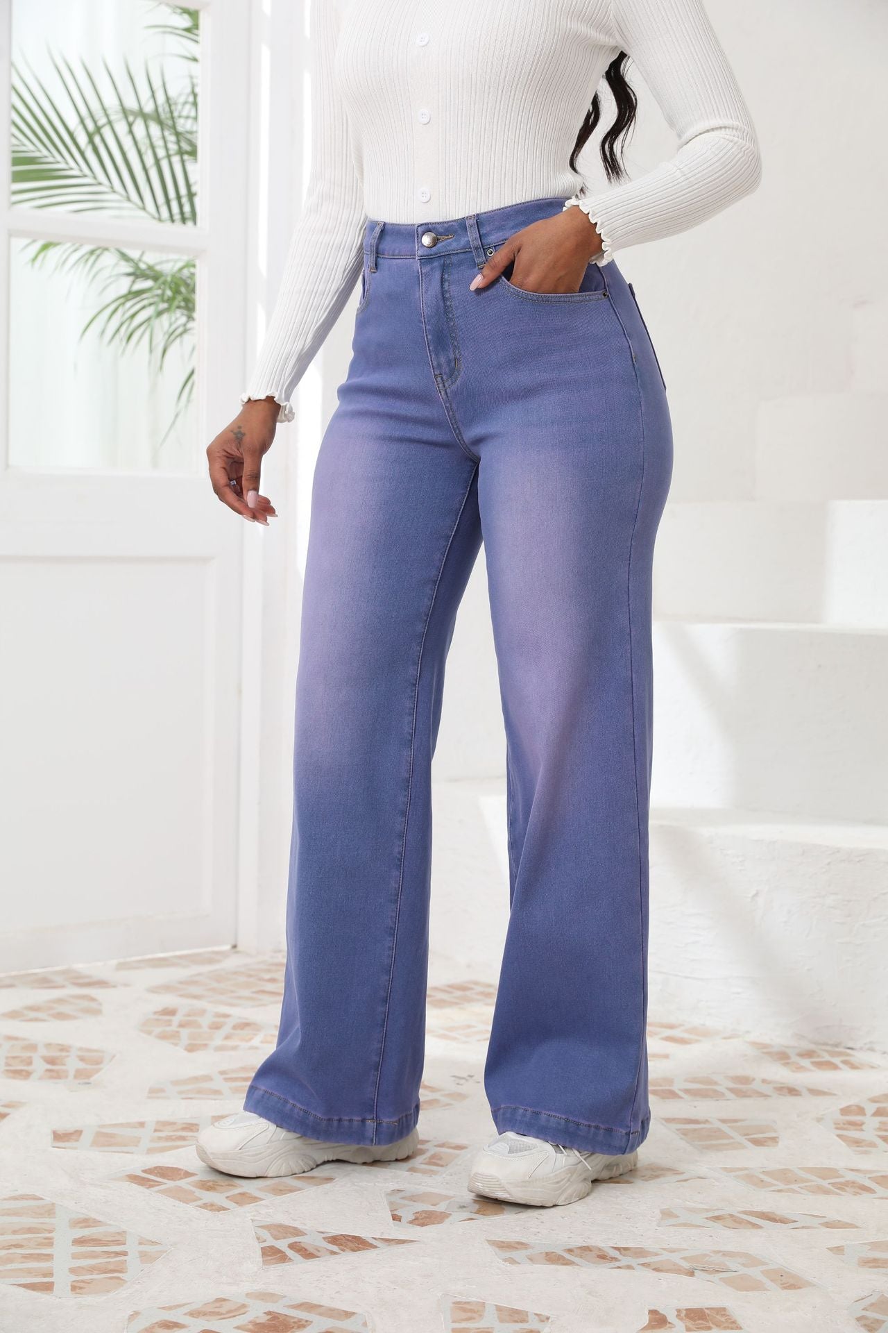 Women's Fleece Thickened Wide-leg Pants Straight High-waisted Jeans