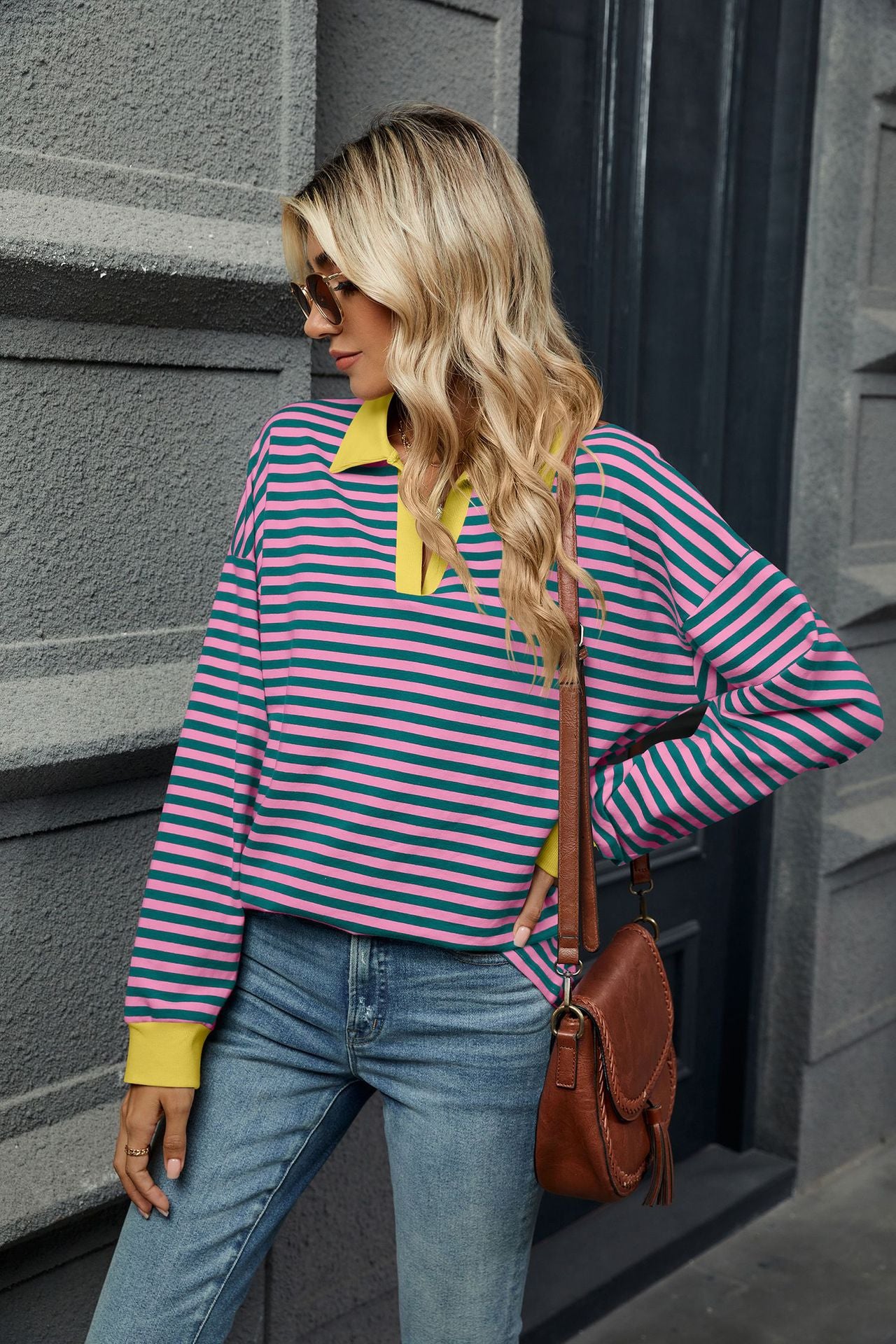 Lapel Loose Long Sleeve Striped Sweater