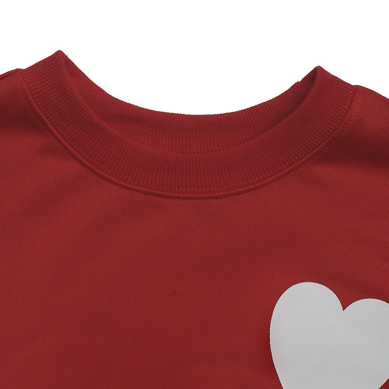 Sweatshirt Red Round Neck Christmas Love Heart Print Blouse Tops Holiday