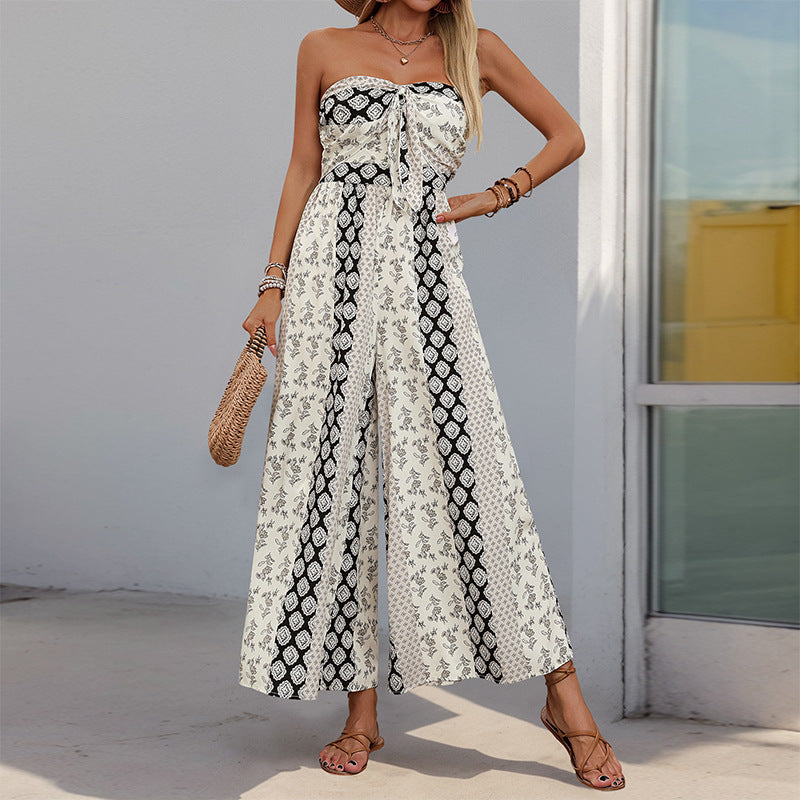 Strapless Smocked Romper Tube Top Flare Trousers Jumpsuit