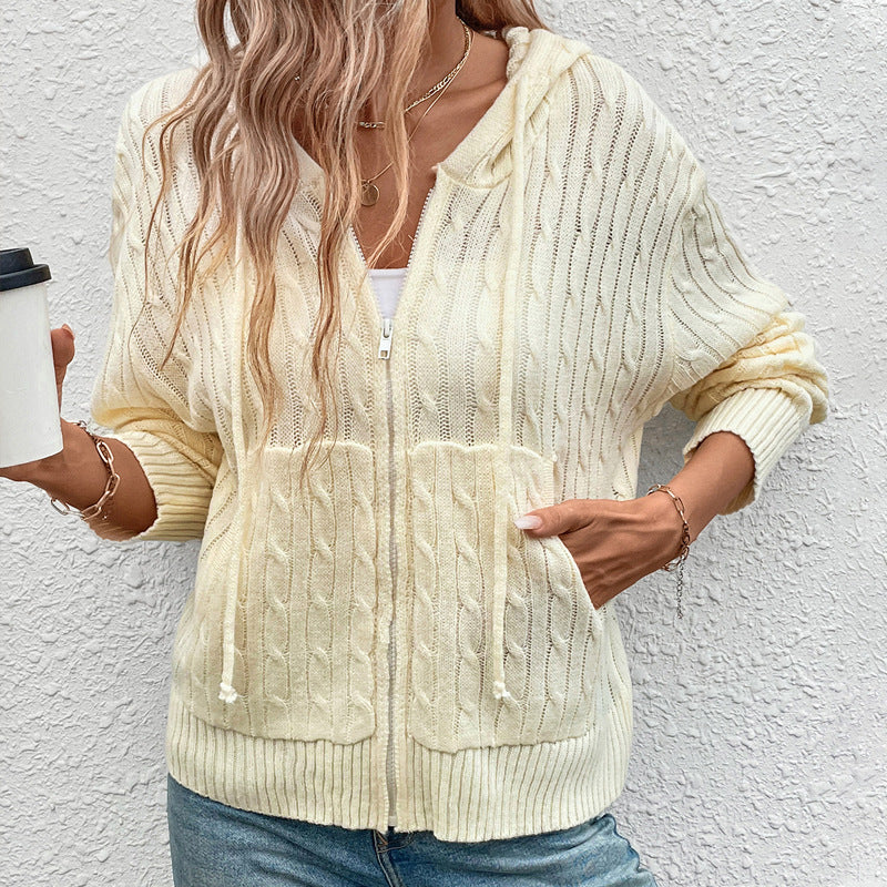 Hooded Twisted Solid Color Sweater Cardigan